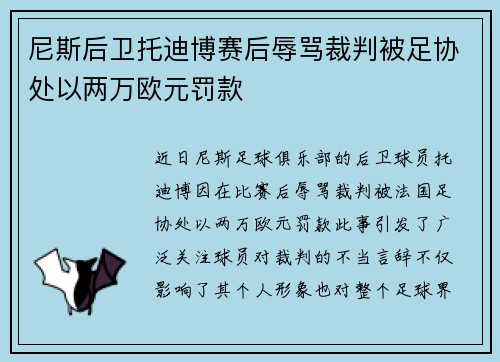 尼斯后卫托迪博赛后辱骂裁判被足协处以两万欧元罚款